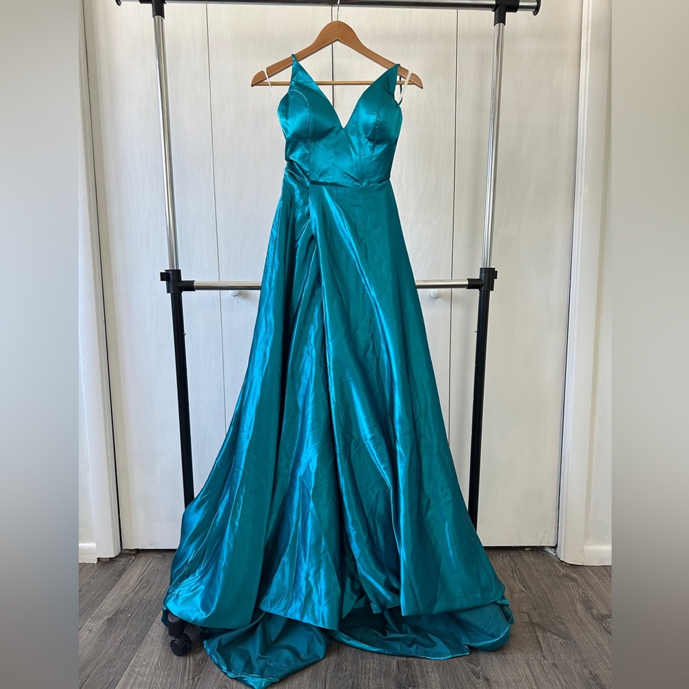 Teal satin prom or bridesmaid dress.